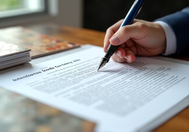 Firma de un documento legal sobre una mesa de madera con catálogos de cerámica al fondo